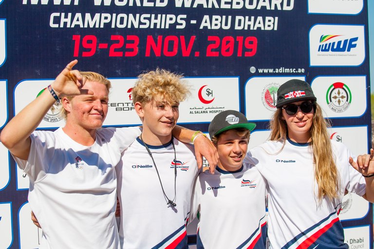 Malibu Team Luca Kidd Travis Beaton Joe Humphries And Katie Batchelor at the 2019 Worlds in Abu Dhabi