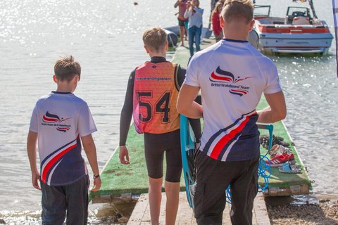 Charlie Lloyd heads to the jetty with Marley and Trav in support at the 2023 IWWF Europe And Africa Championships - Photos Mark Osmond