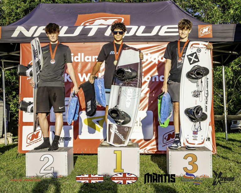 Junior Men Podium at the 2024 Midlands Nautique UK Wake Nationals - Photo Mantis Pro Media