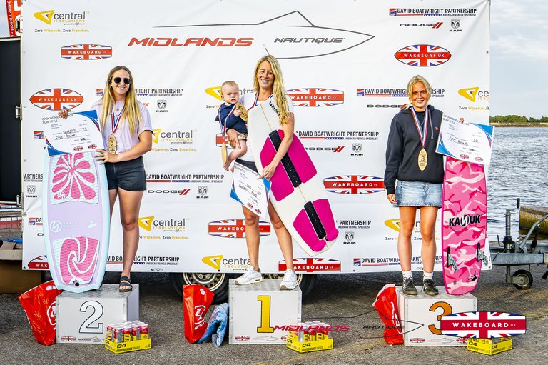 Open Ladies Surf Style Podium at the 2025 Midlands Nautique UK Wake Nationals Wakesurf - Photos Mantis Pro Media